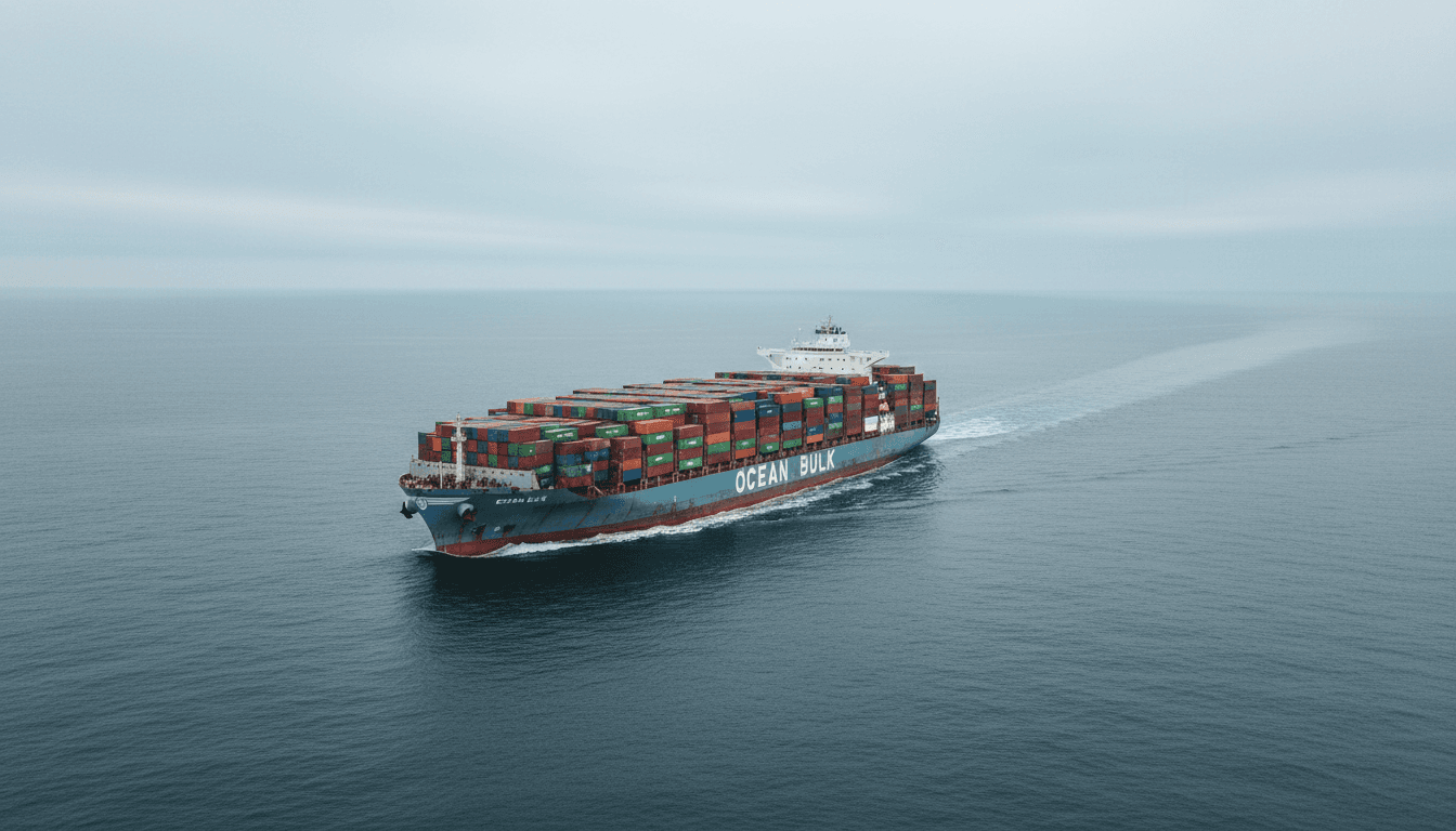 Cargo ship moving through open water with stacked containers under overcast sky