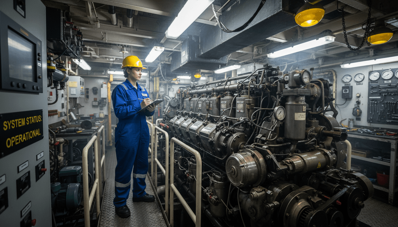 Maritime engineer inspecting ship engine room equipment with a clipboard
