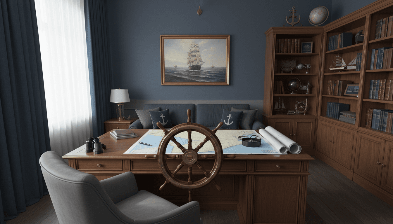Ship's wheel on a desk in a maritime office