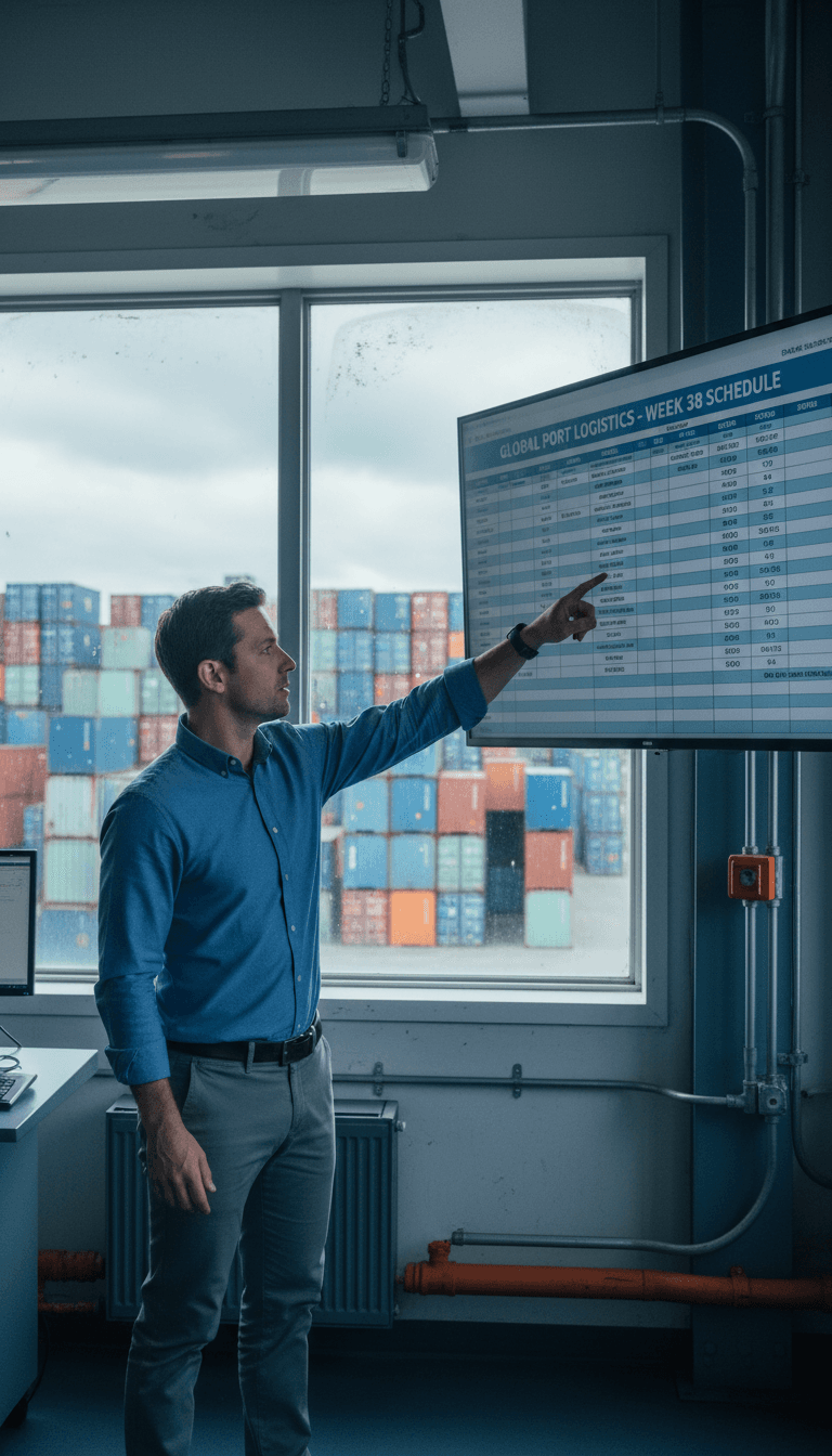 Maritime consultant reviewing shipping schedules in a port operations room