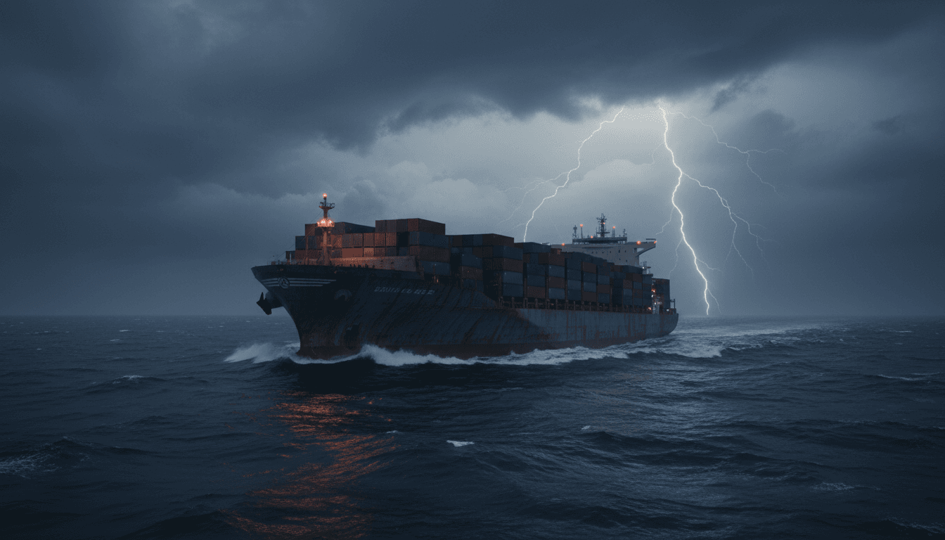 Container ship sailing through dark ocean waters at dusk