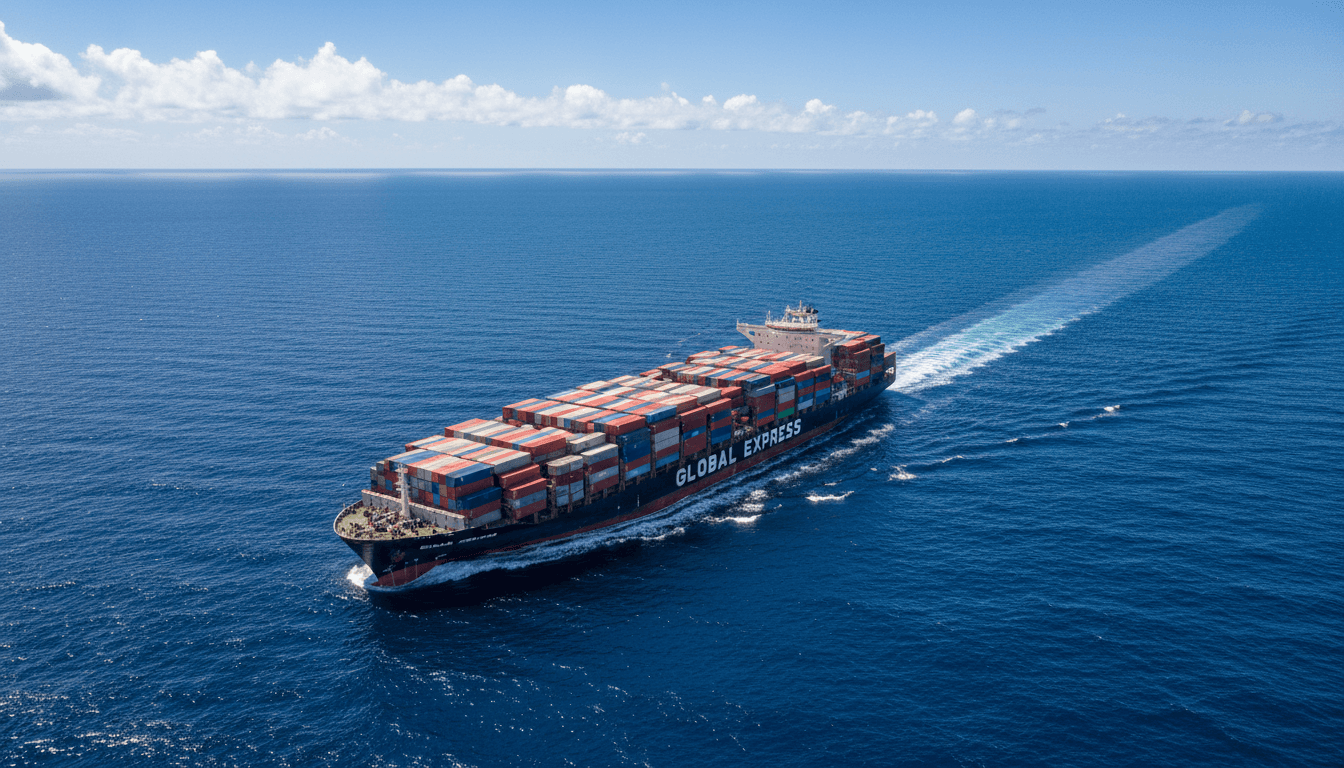 Container ship sailing on open ocean