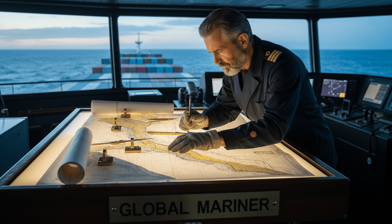 Ship captain reviewing navigation charts on the bridge of a cargo vessel