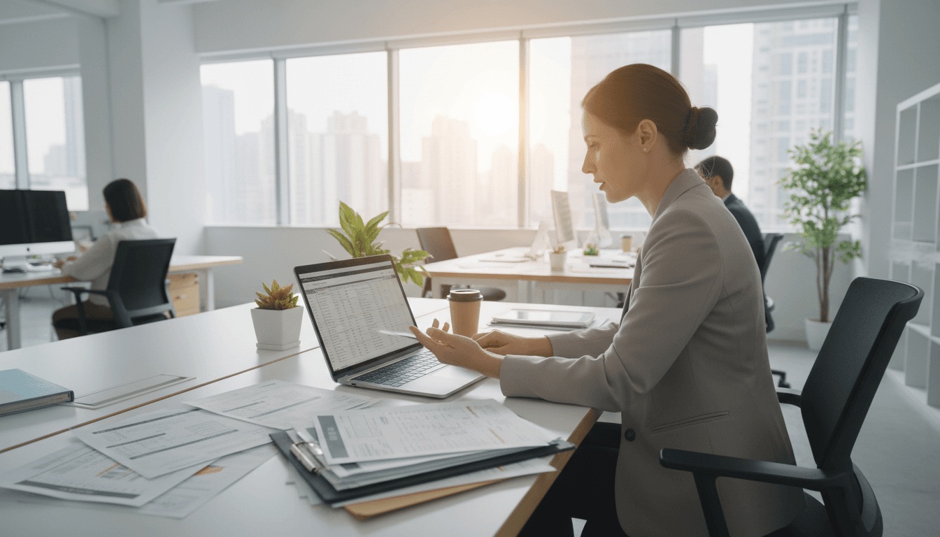 Professional consultant working with shipping documents on a desk
