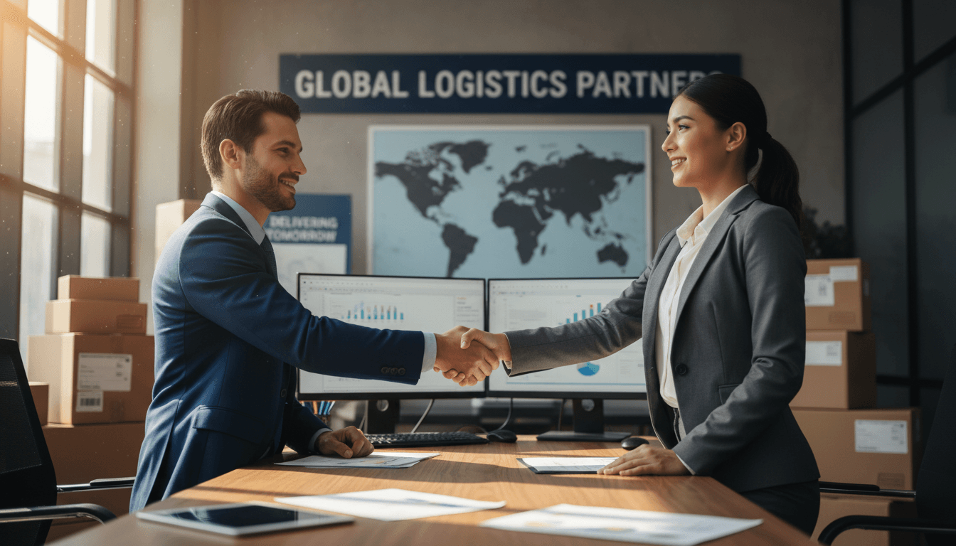 Two business professionals shaking hands in a professional office setting