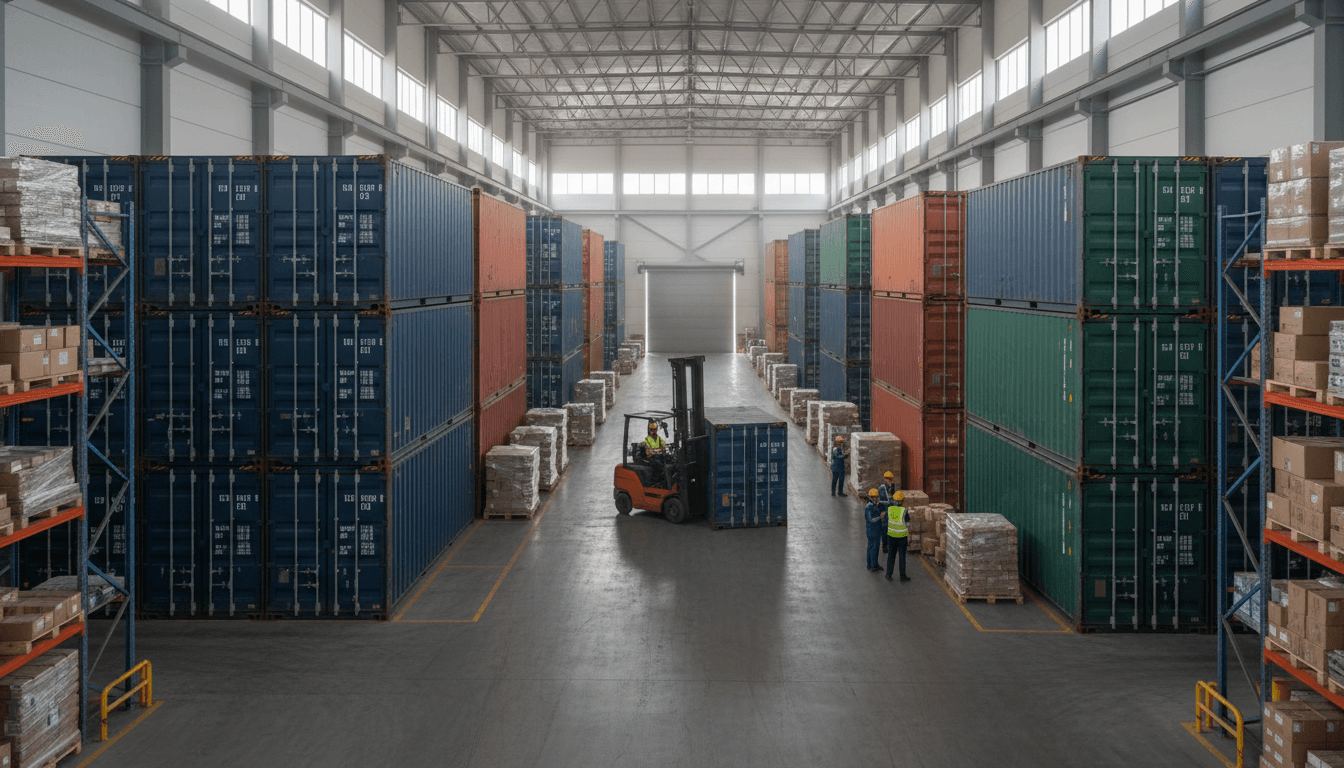 Cargo stacked in organized rows inside a modern warehouse facility