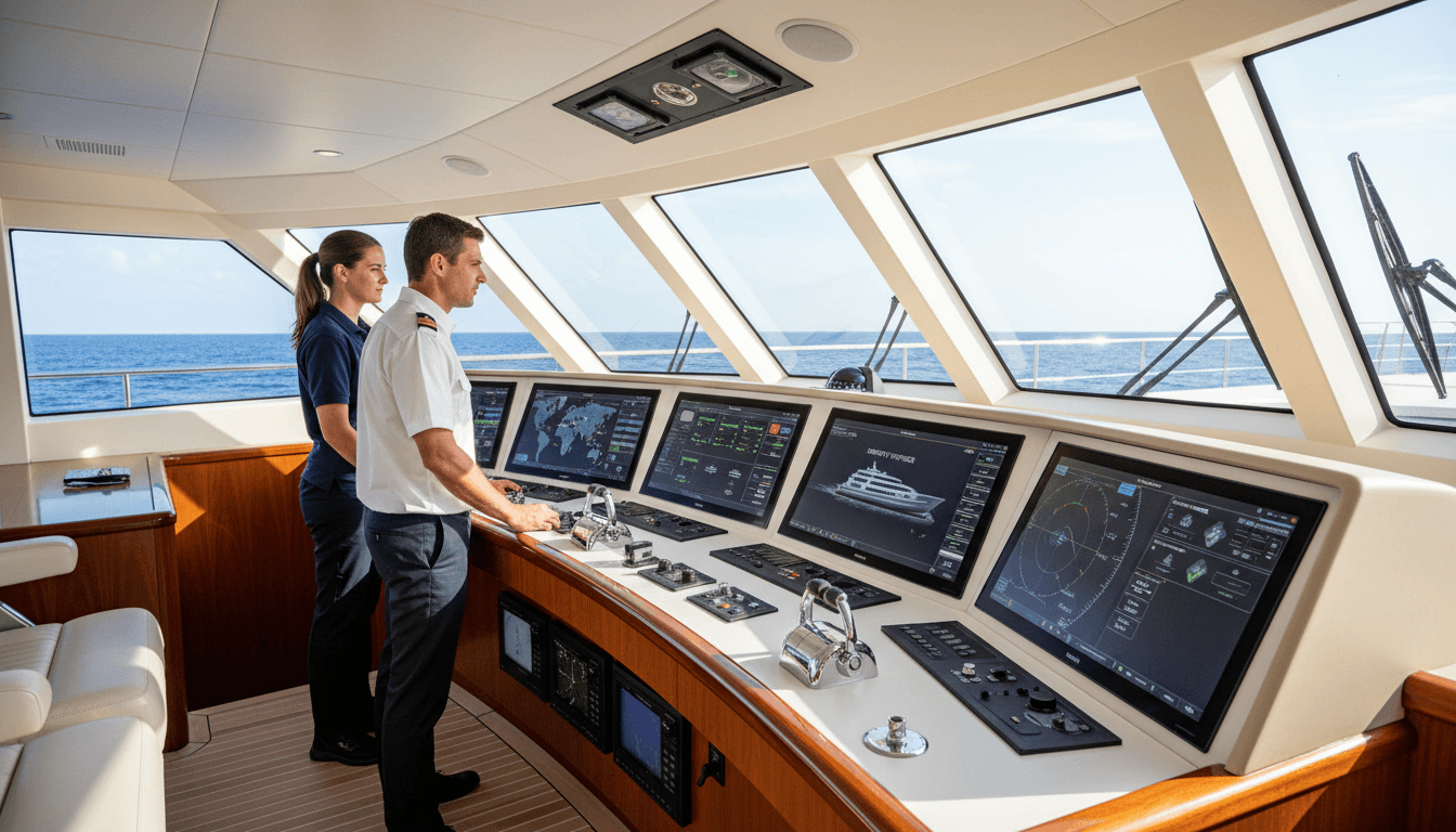 Ship officer looking at a digital navigation screen on the bridge