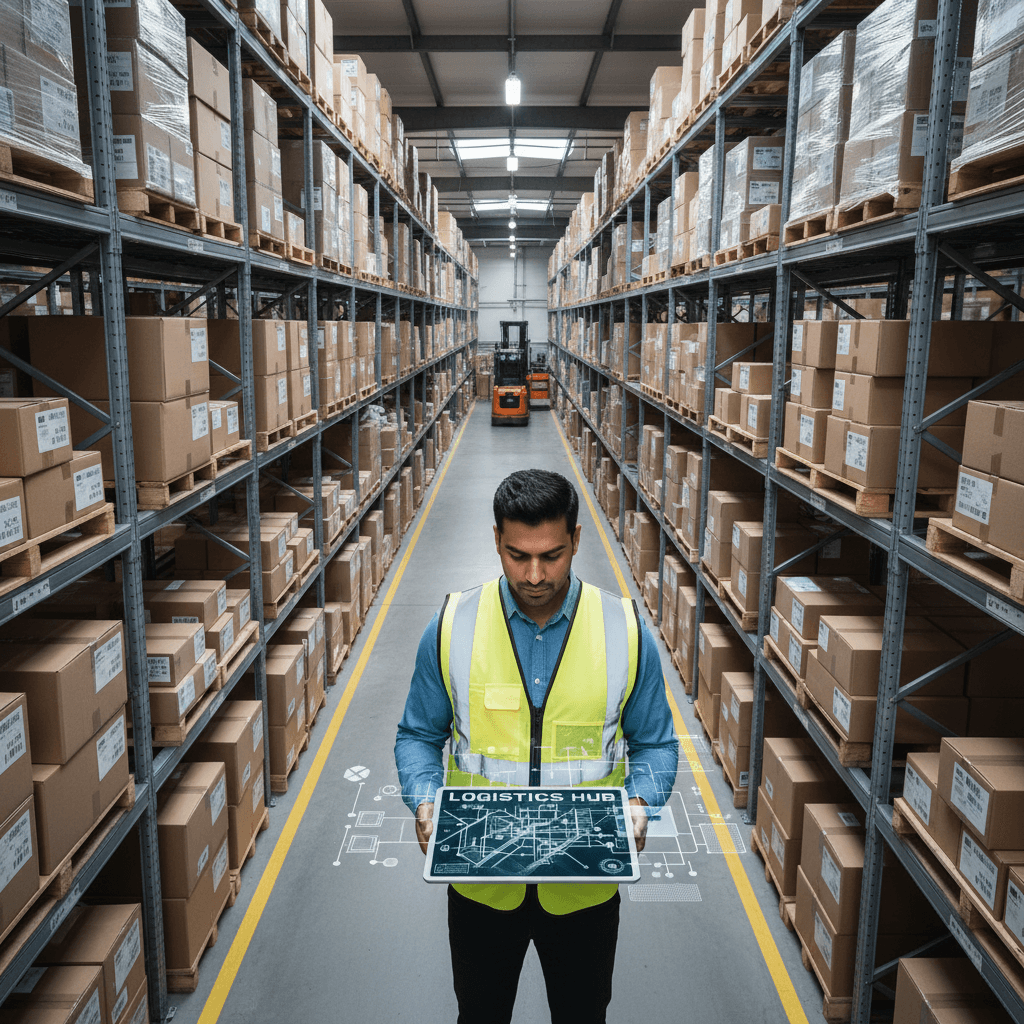 Logistics coordinator with a tablet checking freight on the dock