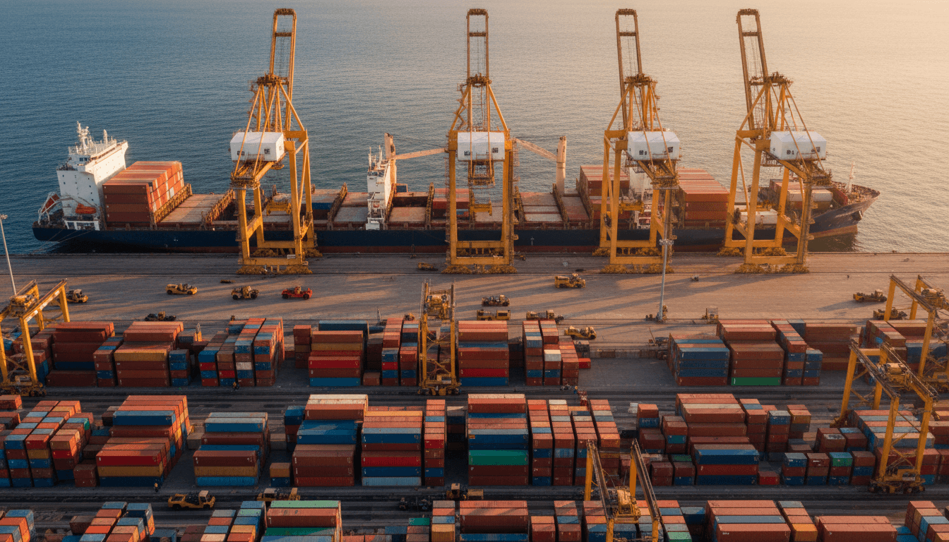 Cranes unloading containers from a large cargo ship at a busy port terminal