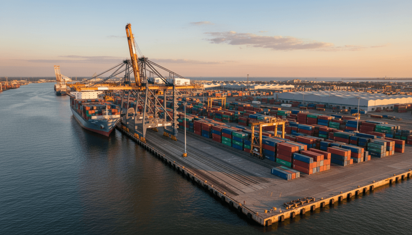 Container ship loading cargo with cranes at a busy port during daylight